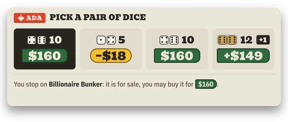 The game's dice-pick panel: four pairs of dice, each with where it takes you and what it costs, next to the board map.